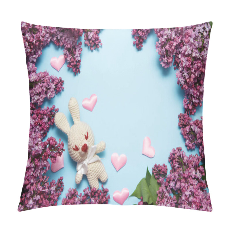 Personality  Lilac Flowers With Knitting Toy Rabbit On Blue Background. Top View, Flat Lay, Copy Space. Pillow Covers