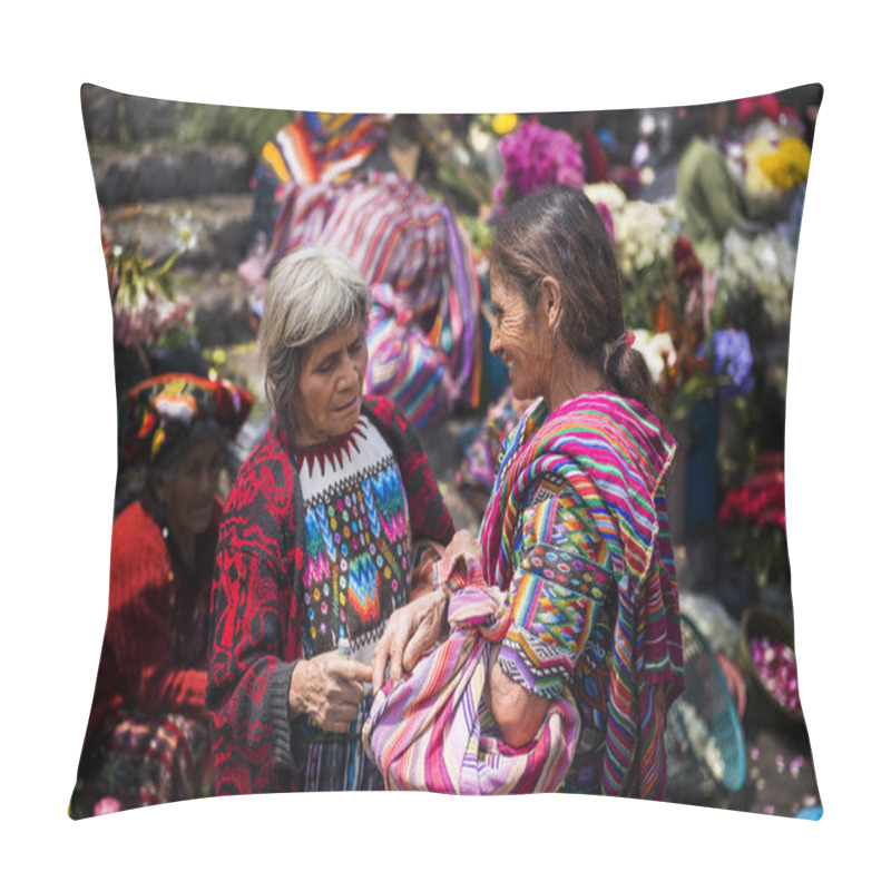 Personality  Two Local Women Wearing Traditional Clothing In A Street Market In The Town Of Chichicastenango, In Guatemala Pillow Covers