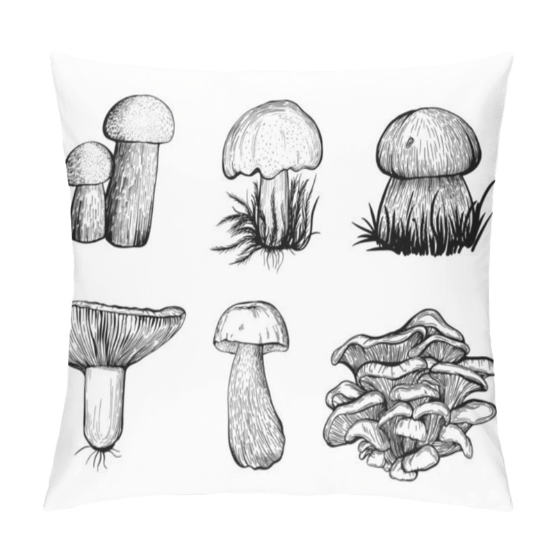 Personality  Set Of Forest Mushrooms. Edible Mushrooms , Russula, Chanterelles, Boletus. Hand Drawn Vector Illustration Pillow Covers