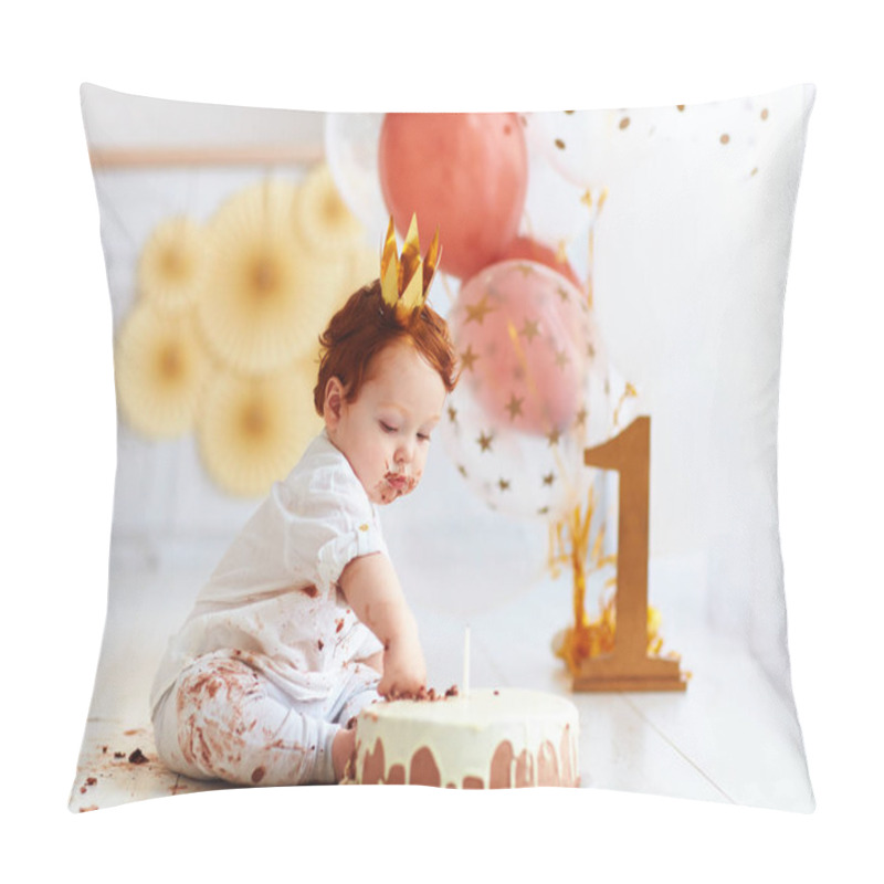 Personality  Curious Funny Baby Boy Poking Finger In His First Birthday Cake Pillow Covers