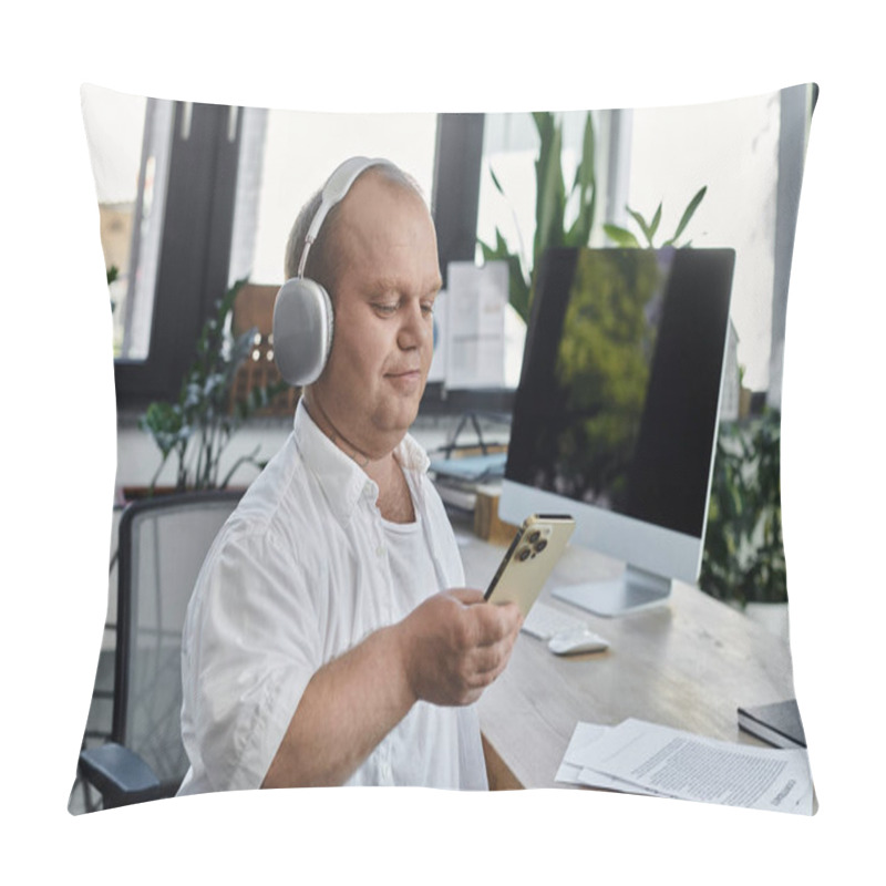 Personality  A Man With Inclusivity Wearing Headphones Works At His Desk In An Office, Using His Smartphone. Pillow Covers