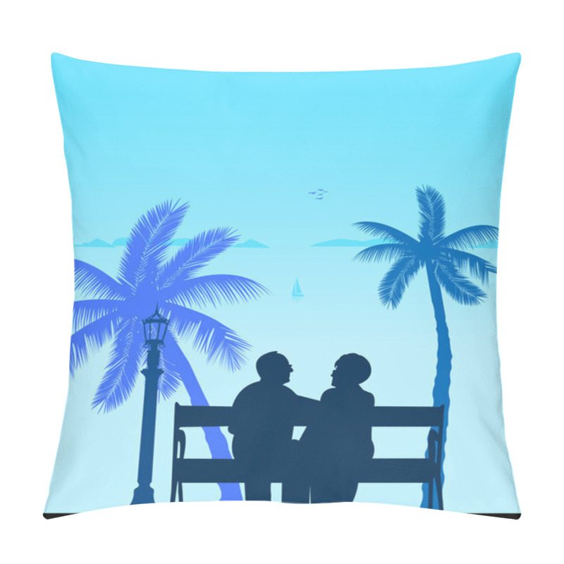 Personality  Lovely Retired Elderly Couple On The Beach Under Palm Tree Pillow Covers