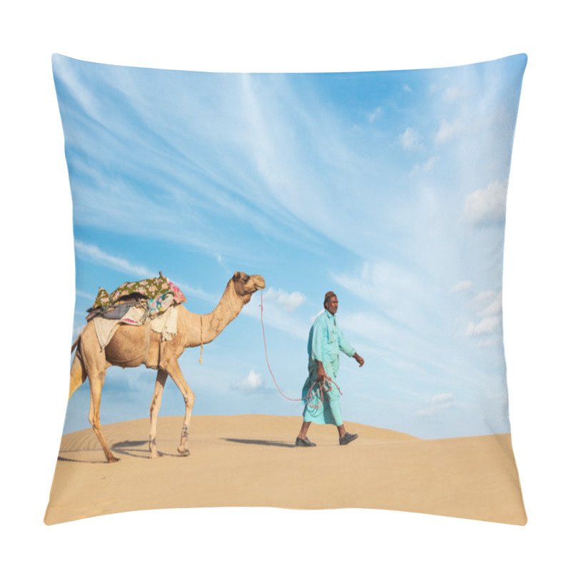 Personality  Cameleer (camel Driver) With Camels In Rajasthan, India Pillow Covers