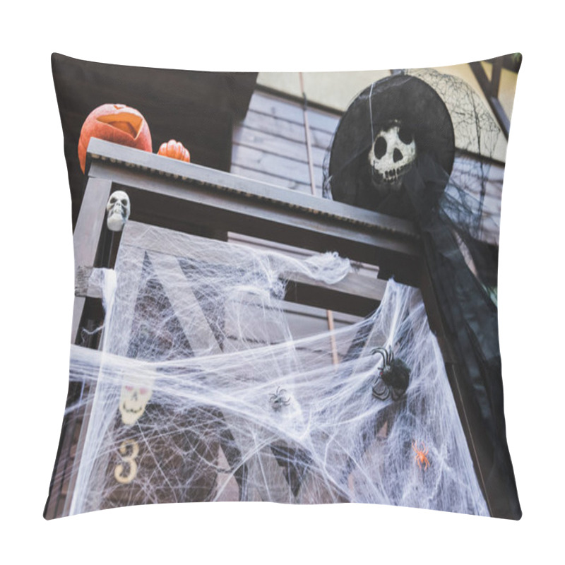 Personality  Low Angle View Of Carved Pumpkins And Scarecrow In Witch Hat On Porch Fence Decorated With Spider Net Pillow Covers