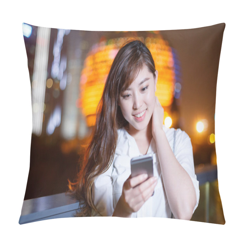 Personality  Asian Girl Using Mobile Phone At Night Pillow Covers