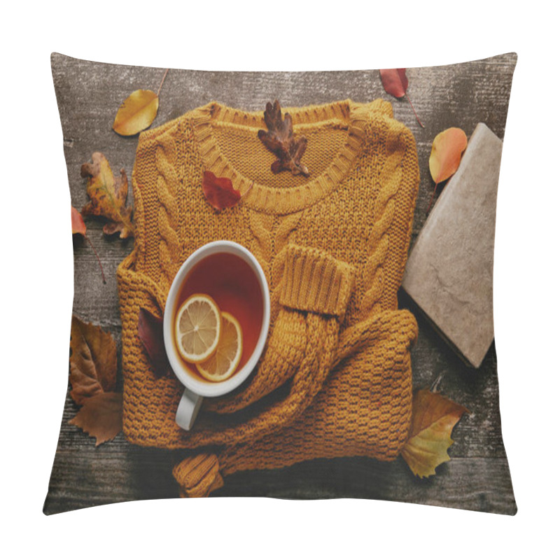 Personality  Flat Lay With Fallen Leaves, Cup Of Tea With Lemon Pieces, Book And Orange Sweater On Wooden Tabletop Pillow Covers