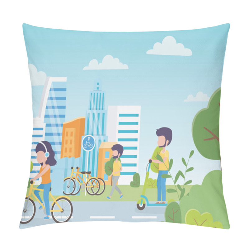 Personality  Urban Ecology Parking Bikes Woman In Bicycle Man In Electric Scooter People Walking Street Town Pillow Covers