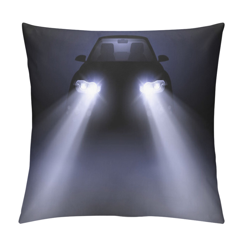 Personality  Bright And Modern Auto Generic Car Headlights Shining Through Fog At Night. Vector Illustration. Pillow Covers