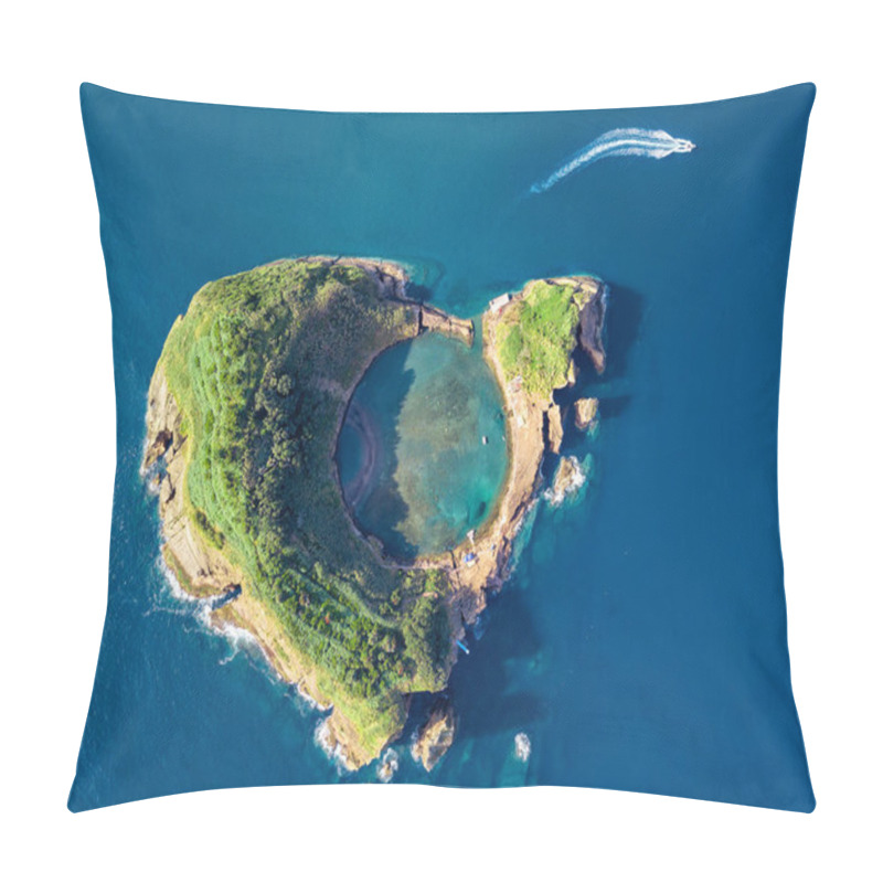 Personality  Azores Aerial Panoramic View. Top View Of Islet Of Vila Franca Do Campo. Crater Of An Old Underwater Volcano. San Miguel Island, Azores, Portugal. Heart Carved By Nature. Bird Eye View. Pillow Covers