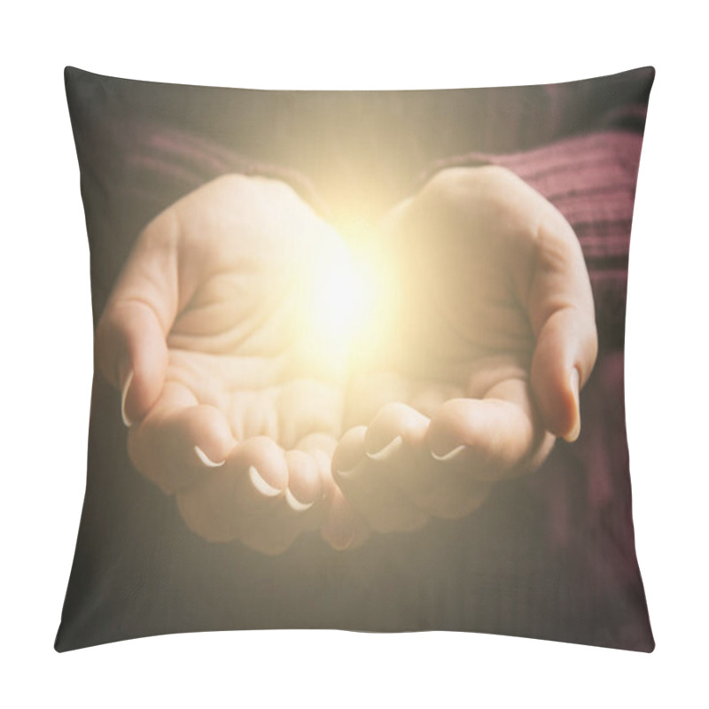 Personality  Abstract Light In Female Hands, Offering Help, Protection And Support Symbol. Sharing Hope Concept Pillow Covers