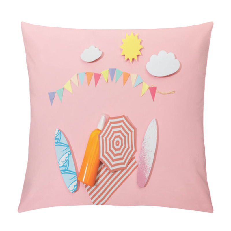 Personality  Top View Of Paper Cut Beach With Tube And Bottle Of Sunscreen On Pink  Pillow Covers