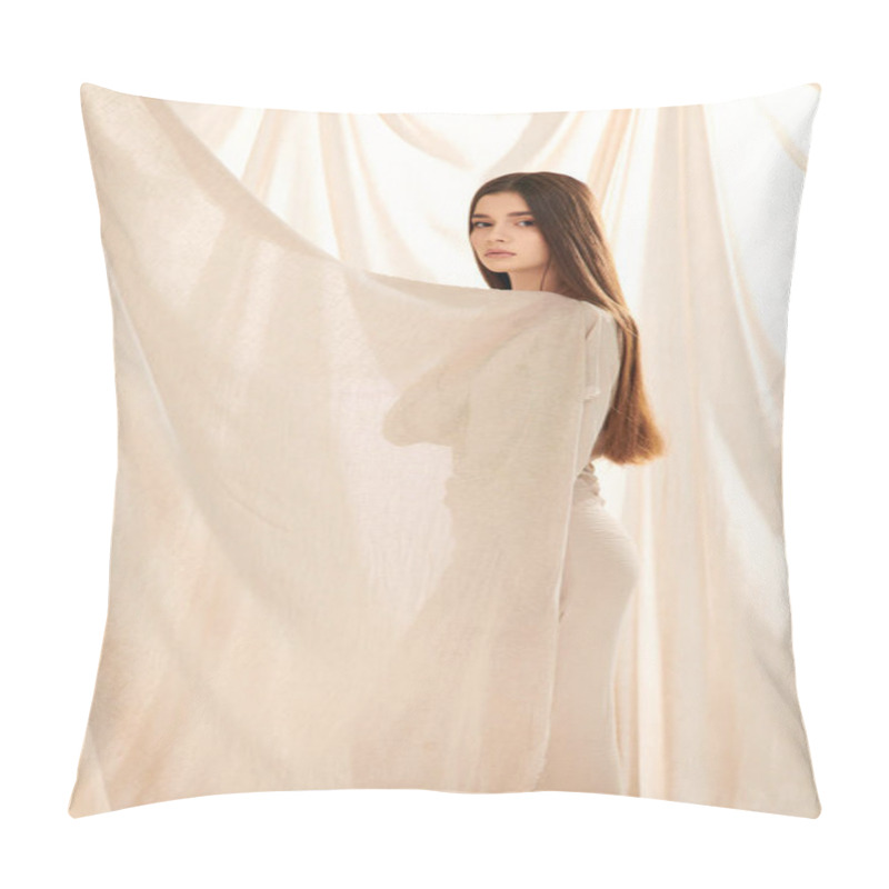 Personality  A Young Woman With Long Brunette Hair Posing In Front Of A White Curtain, Exuding A Summer Mood In Her Stylish Outfit. Pillow Covers