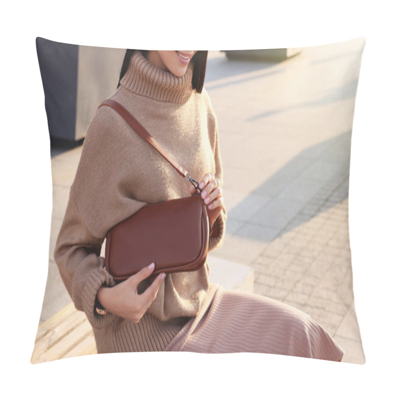 Personality  Fashionable Young Woman With Stylish Bag On Bench Outdoors, Closeup Pillow Covers