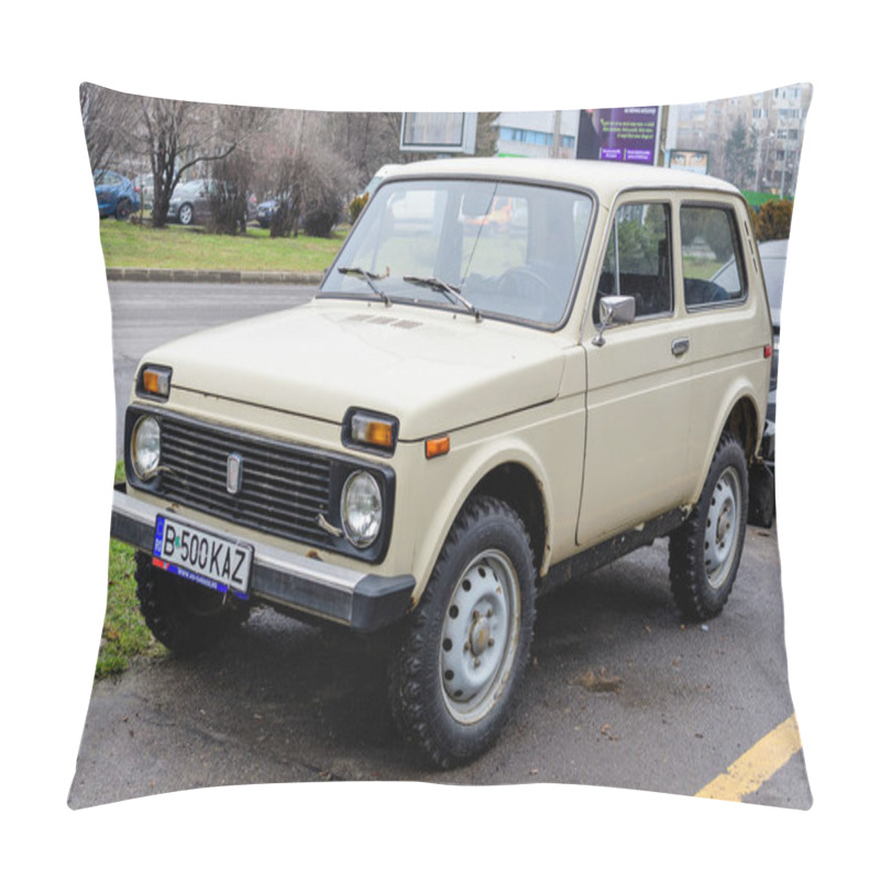 Personality  Bucharest, Romania, 4 January 2021 Old White Lada Niva Car From Russia Parked On A Street  In A Sunny Winter Day Pillow Covers