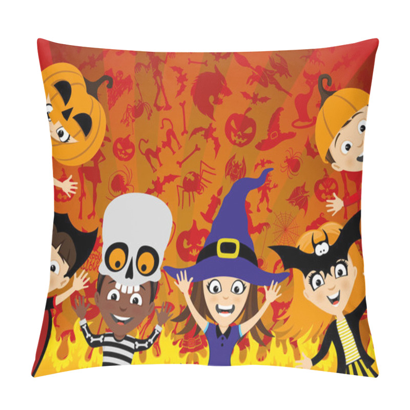 Personality  Halloween Party And A Group Of Children On A Red Background. Pillow Covers