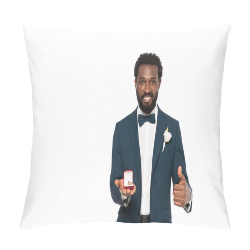 Personality  Cheerful African American Man Holding Box With Wedding Ring And Showing Thumb Up Isolated On White  Pillow Covers