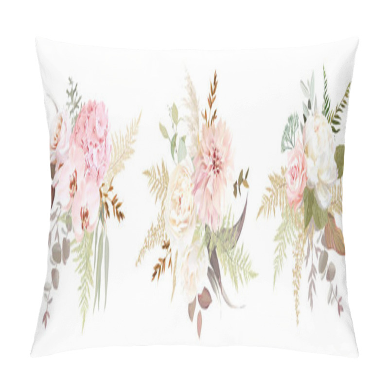 Personality  Dusty Pink And Ivory Beige Rose, Pale Hydrangea, Peony Flower, Fern, Dahlia Pillow Covers