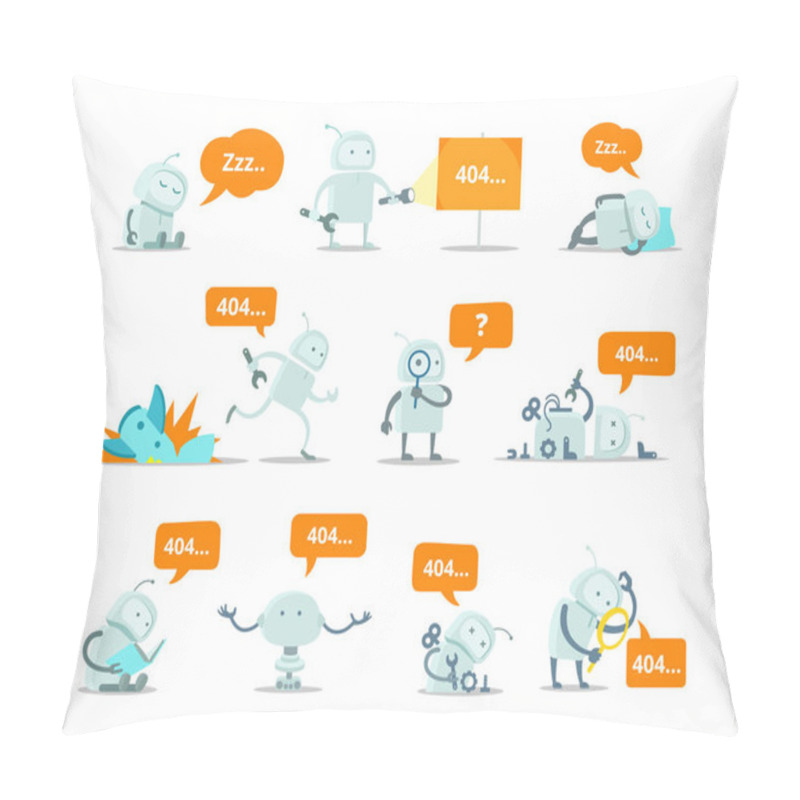 Personality  Robot Set 404 Error Page Not Found Vector Crash Accident Funny Cosmonaut Running Repairs. Pillow Covers