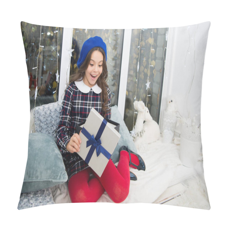 Personality  Happiness And Joy. Kid At Home Relaxing On Cozy Window Sill. Magic Moment. Happy Winter Holidays. Small Girl Opening Gift. New Year. Santa Claus Gift. Little Girl Child Received Gift. Present Xmas Pillow Covers