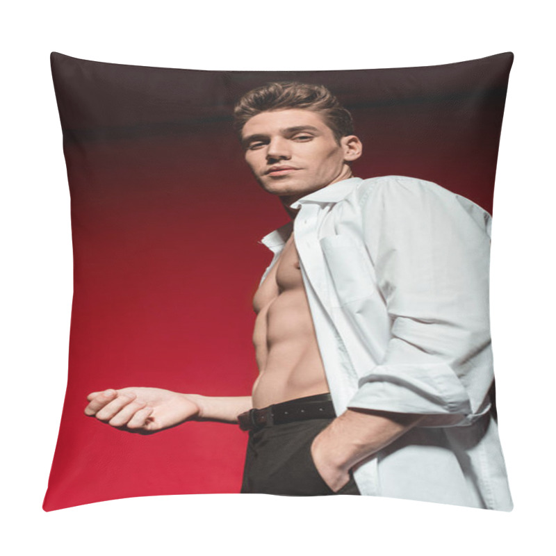 Personality  Low Angle View Of Sexy Young Elegant Man In Unbuttoned Shirt With Muscular Bare Torso Posing With Hand In Pocket On Red Background Pillow Covers