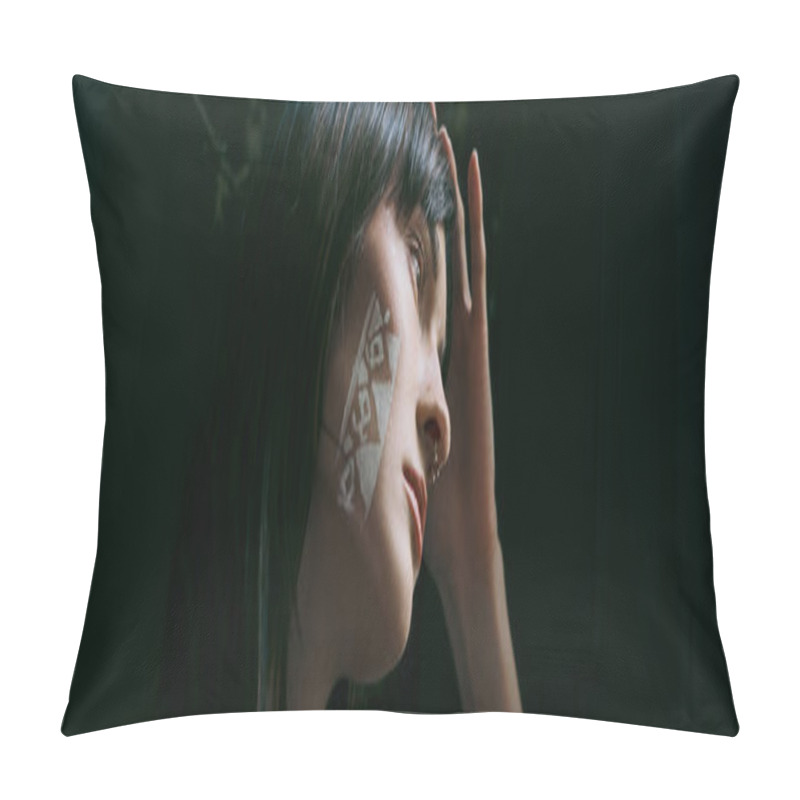 Personality  Woman With Painted Face Poses By Swamp. Pillow Covers