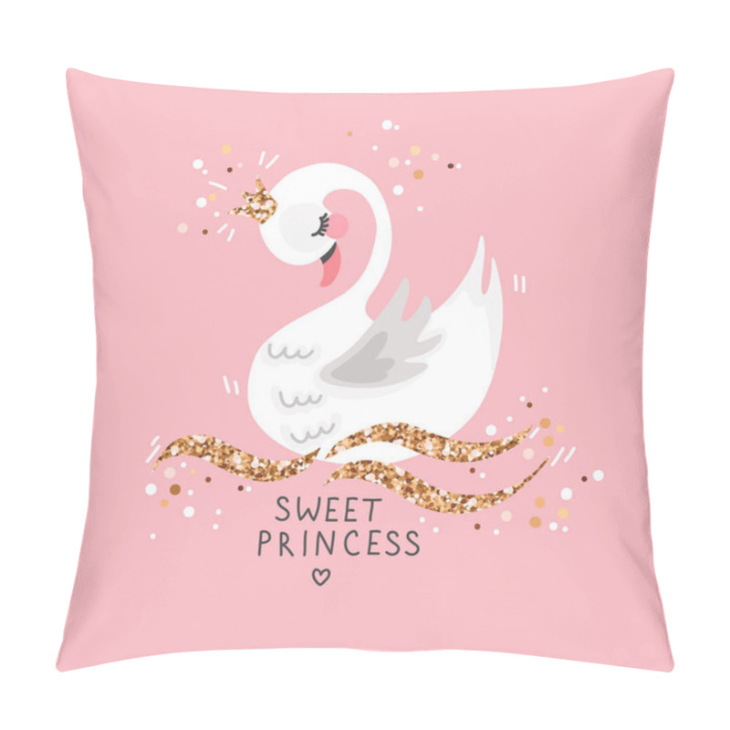 Personality  Sweet Princess Swan On Pink Background. Cartoon Hand Drawn Vector Illustration.  Pillow Covers