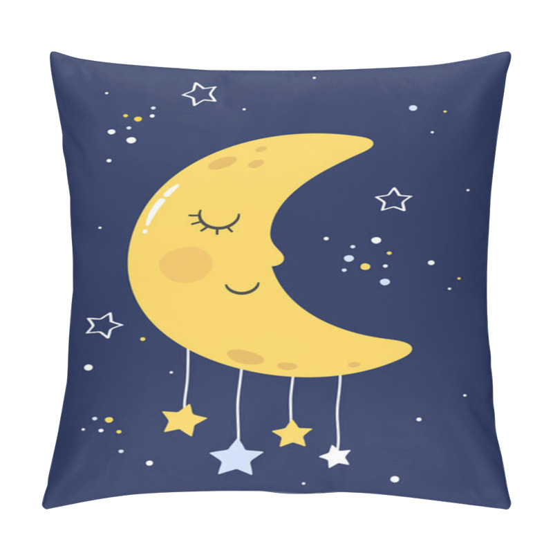 Personality  Cute Sleeping Moon With Hanging Stars On Blue Background. Good Night For Kids. Vector. Pillow Covers