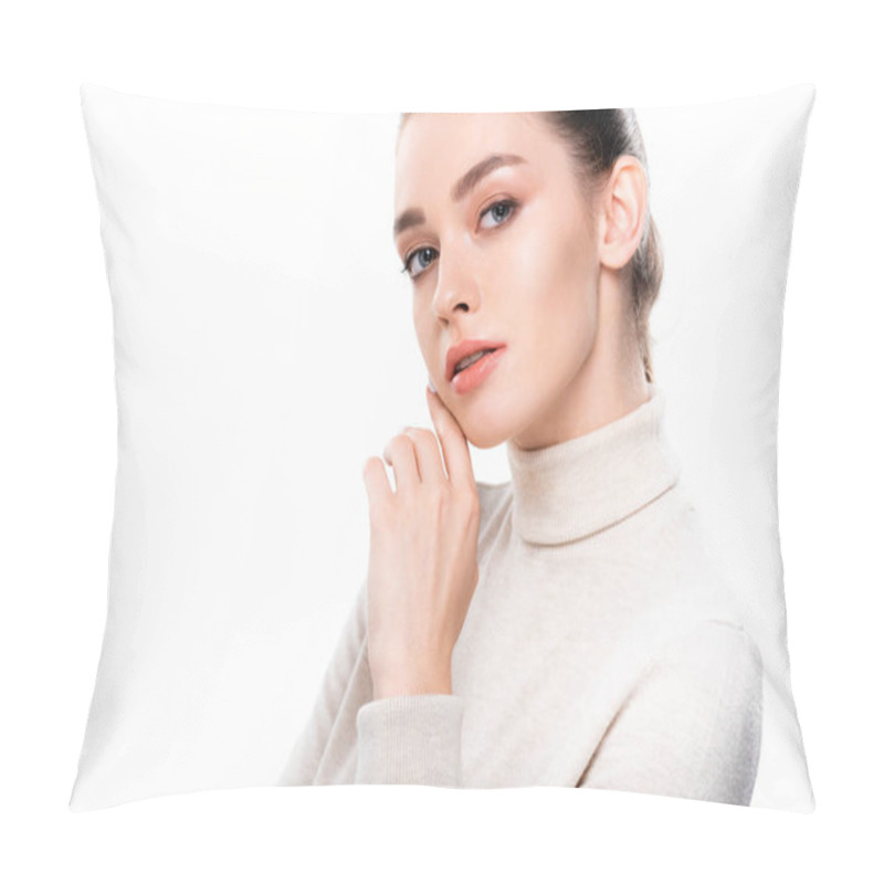 Personality  Beautiful Girl With Natural Makeup Touching Face And Looking At Camera Isolated On White Pillow Covers