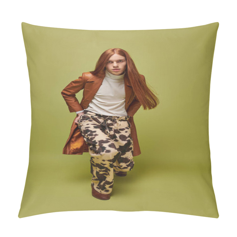 Personality  Emotional Young Man With Long Red Hair Poses Dramatically Against A Bright Green Background Pillow Covers