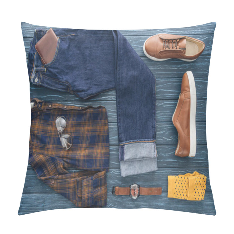 Personality  Top View Of Trendy Male Clothes, Shoes And Accessories On Wooden Background Pillow Covers