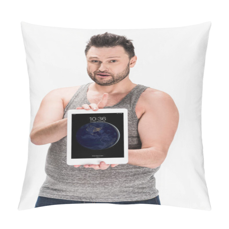 Personality  Overweight Man Looking At Camera And Showing Digital Tablet With Apple Home Screen Isolated On White Pillow Covers