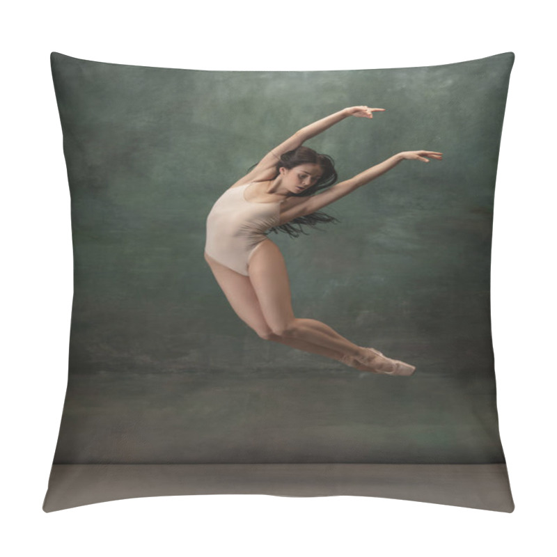 Personality  Young Graceful Tender Ballerina On Dark Green Studio Background Pillow Covers