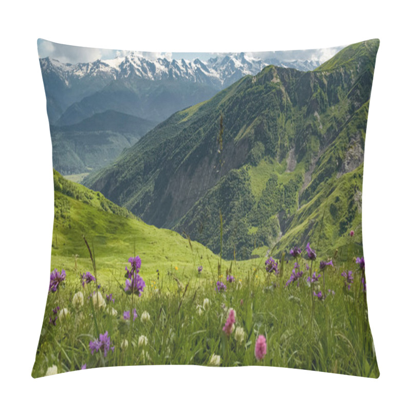 Personality  Green Georgian Meadow With Mountain View And Wildflowers. Upper Svaneti, Georgia. Pillow Covers