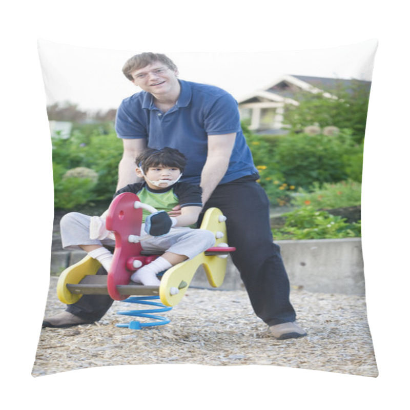 Personality  Father Helping Disabled Son Play At Playground Pillow Covers