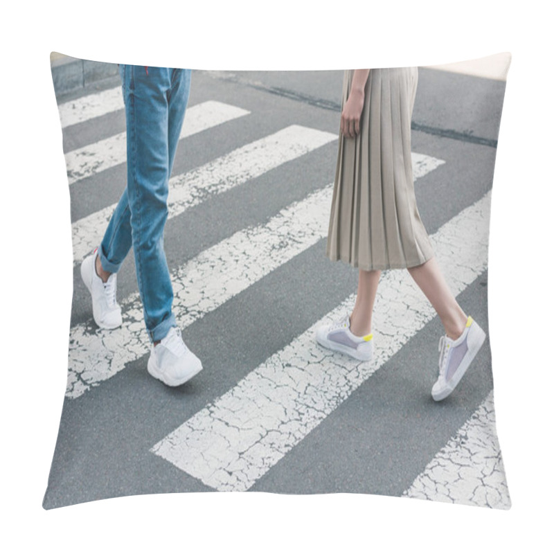 Personality  Cropped Shot Of Stylish Woman In Skirt And Man In Jeans Walking On Crosswalk At City Street Pillow Covers