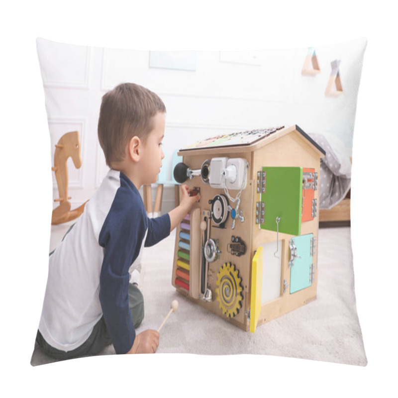 Personality  Little Boy Playing With Busy Board House On Floor At Home Pillow Covers