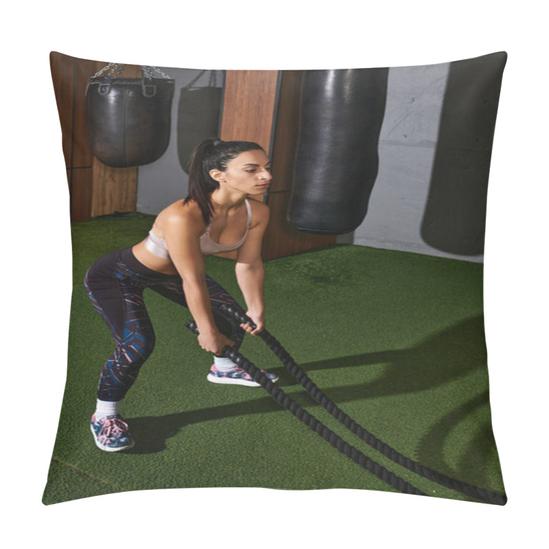 Personality  Fit Young Woman Intensively Trains With Battle Ropes For Strength. Pillow Covers