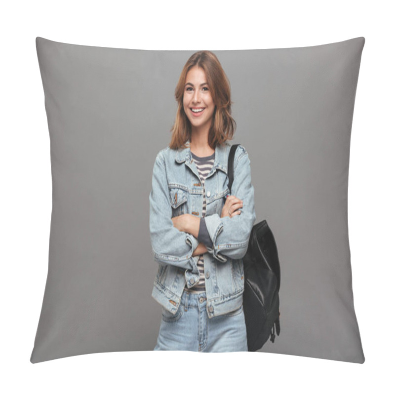 Personality  Portrait Of A Happy Pretty Girl In Denim Jacket Pillow Covers