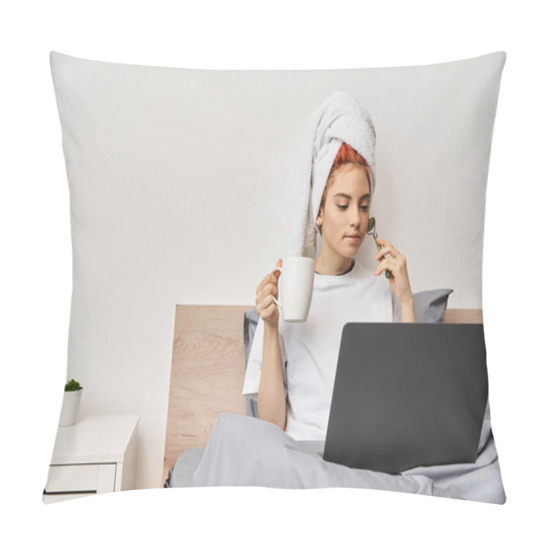 Personality  Beautiful Queer Person With Hair Towel Using Face Roller Drinking Tea While Watching Movies On Tv Pillow Covers