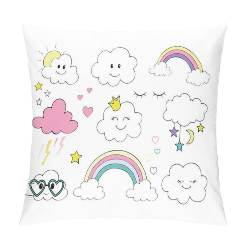 Personality  Vector Set Of Flat Weather Icons Icons Rainbow Stars Thunder Moon Sun Rain Clouds Eyelashes Stars. Pillow Covers