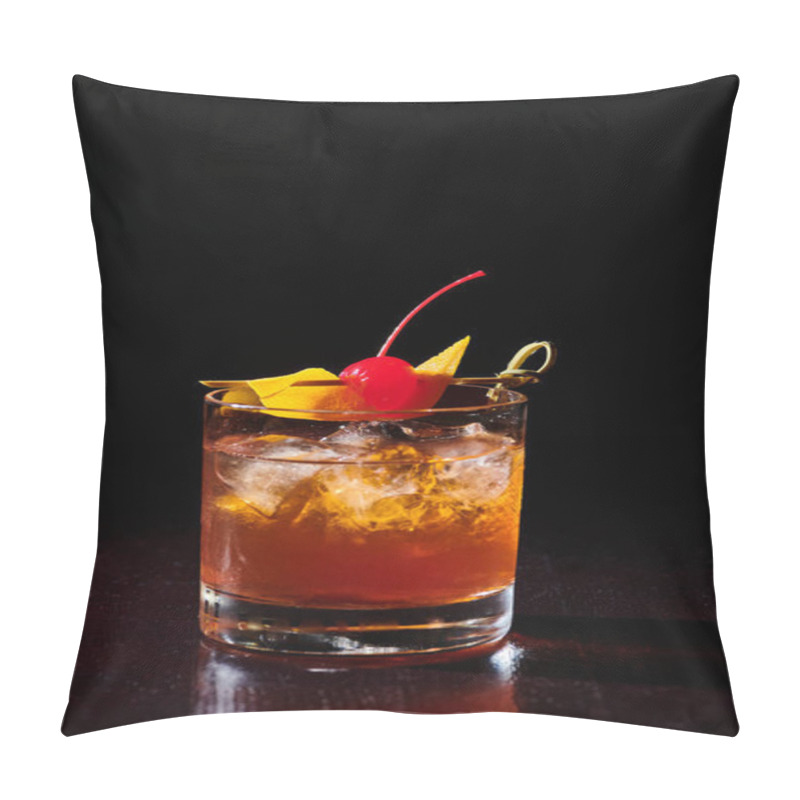 Personality  Ice Cold Intense Negroni Garnished With Cocktail Cherry On Black Background, Concept Pillow Covers