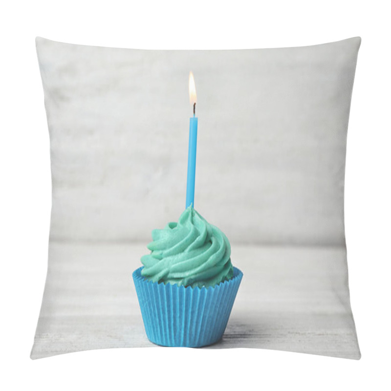 Personality  Delicious Birthday Cupcake With Cream And Burning Candle On White Wooden Table Pillow Covers