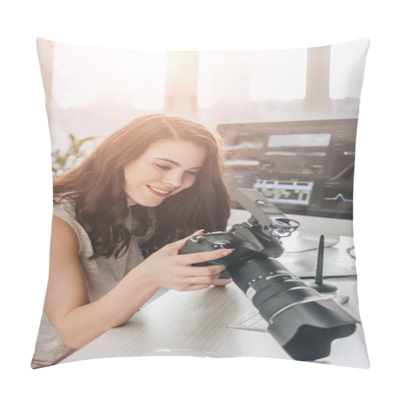 Personality  Happy Art Editor Holding Digital Camera Near Computer Monitor  Pillow Covers