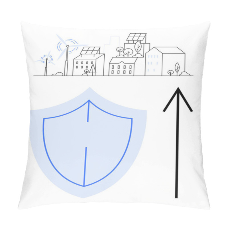 Personality  Buildings With Solar Panels And Wind Turbines, Trees, Shield, Upward Arrow. Ideal For Sustainability, Renewable Energy, Urban Planning, Environmental Protection, Security Measures Clean Energy Pillow Covers