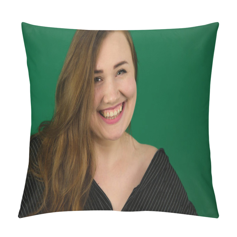 Personality  Woman On A Green Background Chromakey In A Black Striped Mens Shirt Different Emotions Facial Expression Close-up Advertising Space For Text Clean. Kind Eyes Pillow Covers