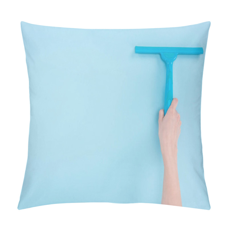 Personality  Cropped View Of Woman Holding Squeegee On Blue Background Pillow Covers