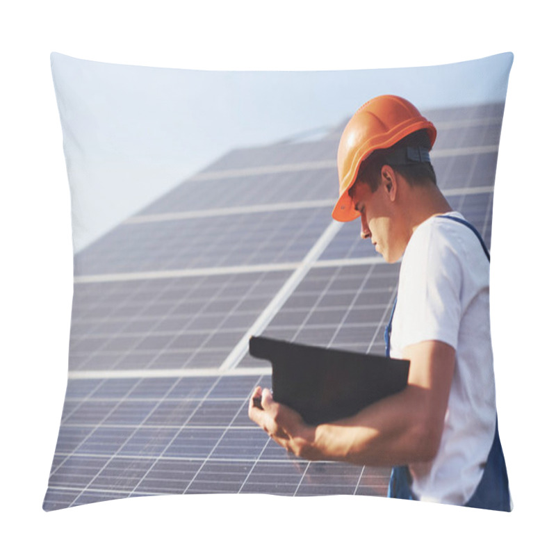 Personality  Stands With Notepad. Male Worker In Blue Uniform Outdoors With Solar Batteries At Sunny Day. Pillow Covers