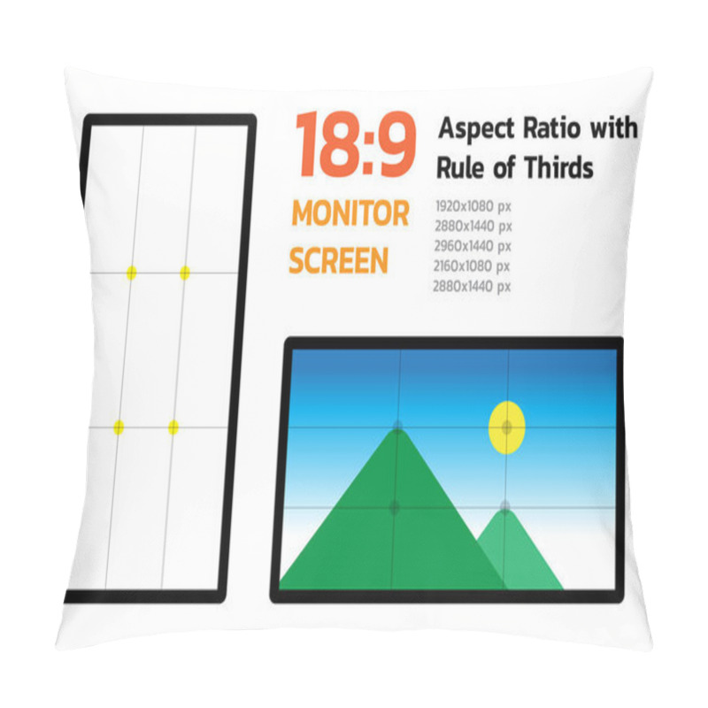 Personality  18 By 9 Monitor Screen Aspect Ratio With Rule Of Thirds. Most Famous Dimension Of Devices Display. Demo Landscape Image And Pixel Size. Layers Vector Illustration. Pillow Covers