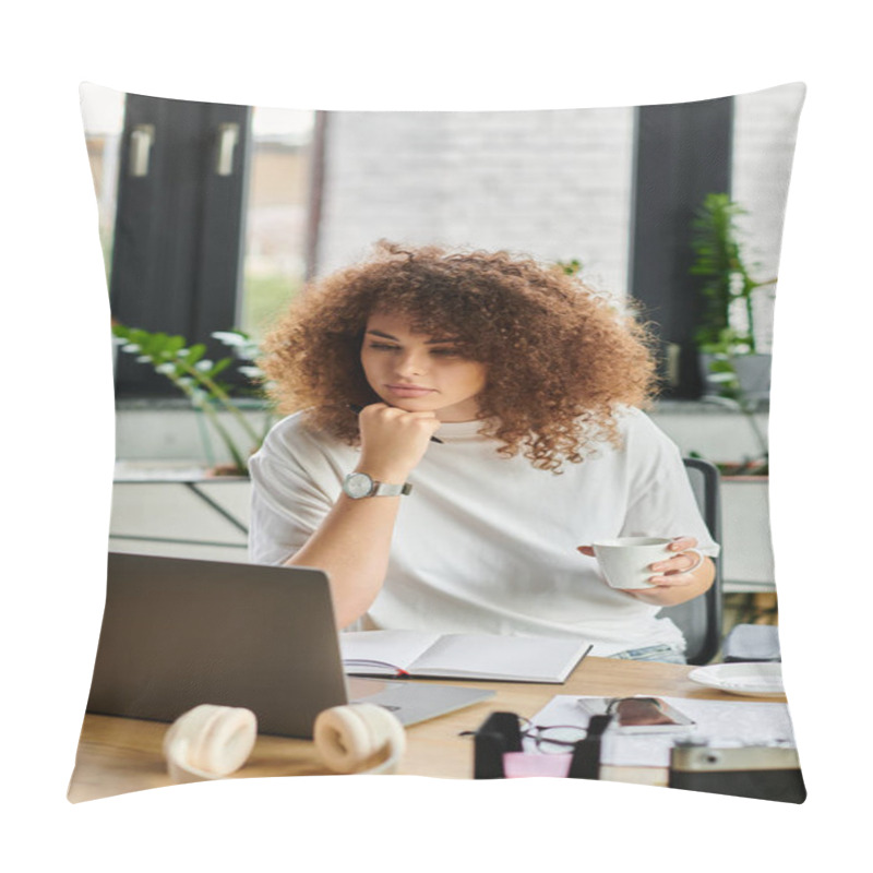 Personality  A Woman With Curly Hair Sits At A Desk, Deeply Engaged In Her Work While Sipping Coffee. Pillow Covers