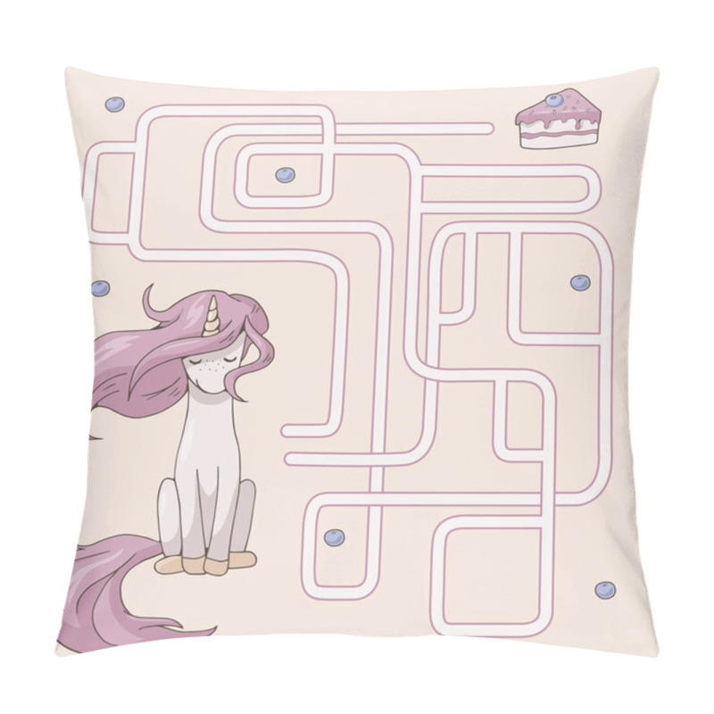 Personality  Labyrinth. Maze Game For Kids. Help Cute Cartoon Unicorn Find Path To Cake. Pink And Yellow Pastel Colors. Vector Illustration. Pillow Covers